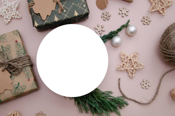 istock Christmas composition. Flat lay composition with Christmas decorations and white round ad space. Round mock up. 1771103384