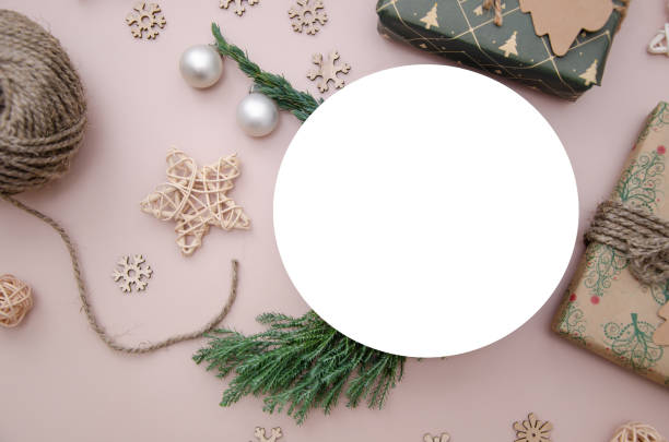istock Christmas composition. Flat lay composition with Christmas decorations and white round ad space. Round mock up. 1771103388