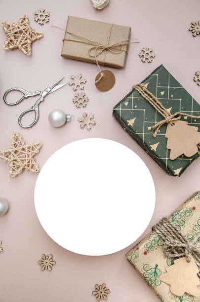 istock Christmas composition. Vertical flat lay composition with Christmas decorations and white round ad space. Round mock up. 1771103917