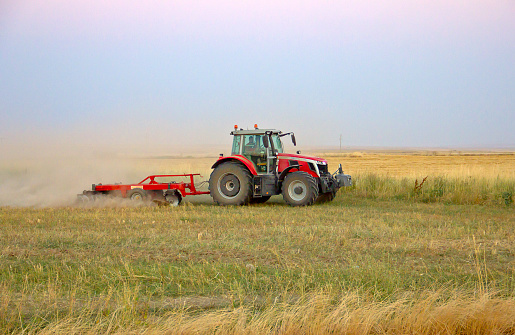 Kırşehir, Turkey - August 8, 2023: Unidentified Turkish people who is farm worker wearing traditional clothes in steppe with a small tractor in kırşehir turkey. They are harvesting the lentil on field in summer time.