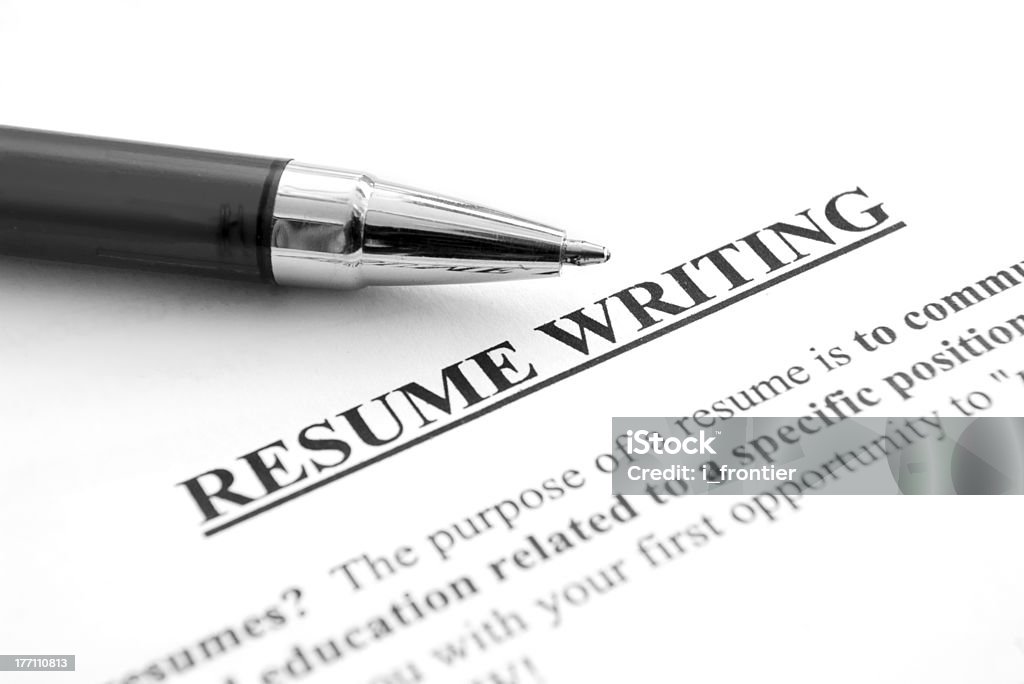 Resume writing Close-up of resume with pen (black & white) Aspirations Stock Photo