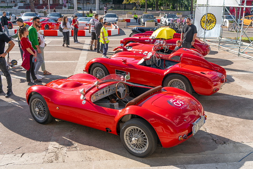 Albania Exhibition Automotive, 2nd Edition 26-29 October 2023. Sport car exhibition in (Palace of Congress) Red vintage sports cars displayed before the race afternoon in Tirana, Albania 28.10.2023
