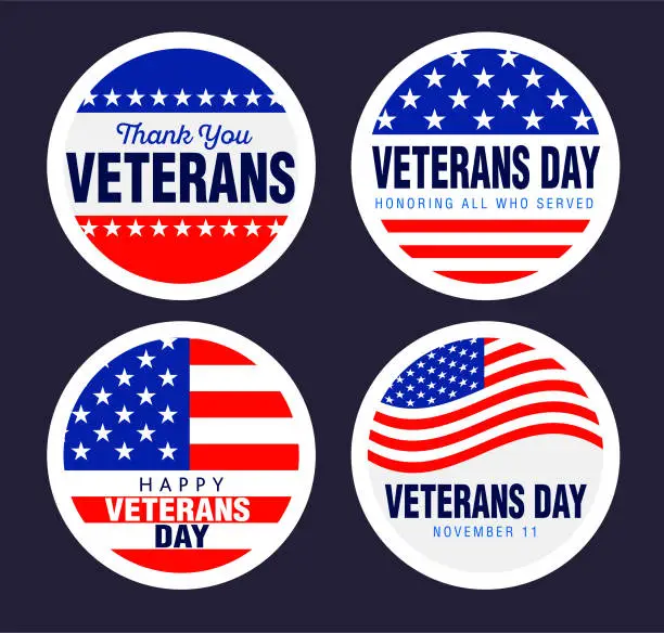 Vector illustration of Set of Veterans Day round label design with patriotic American themed elements