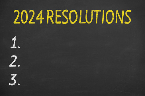 New Year 2024 Resolutions on Chalkboard Background