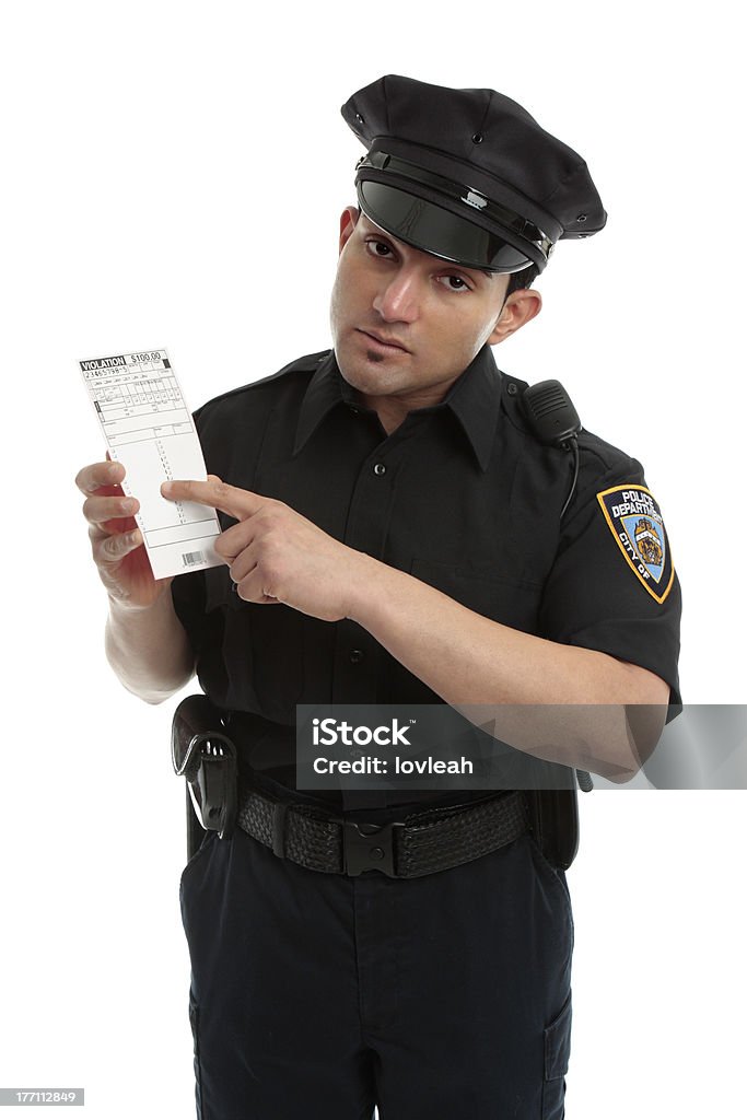 Police officer or traffic warden with infringement ticket "A policeman, traffic warden holding an infringement violation notice, ticket, fine.  White background." Cut Out Stock Photo