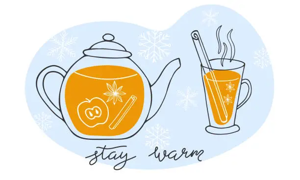 Vector illustration of Teapot and cup of hot spicy fruit tea. Warm seasonal drink. Winter holiday background