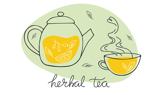Teapot and cup with herbal hot tea in doodle style. Hand drawn background with hot organic natural healthy drink and leaves. Herbal tea handwritten lettering phrase