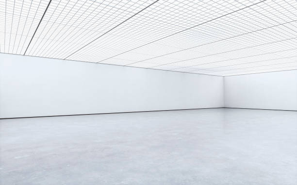 istock Side view of an empty, unfurnished white large gallery/showroom interior with ceiling industrial construction 1771135755