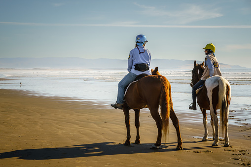 Pismo Beach, California, USA - October 31, 2023.  A picturesque scene of a California mounted patrol unit, comprised of uniformed officers on horseback, patrolling the sandy shores of a sunlit beach with the Pacific Ocean in the background.