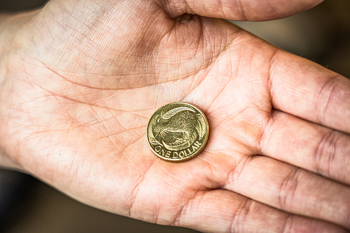 Close-up of a person's hand holding a single New Zealand one dollar coin.