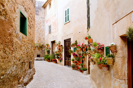 Majorca Valldemossa typical village with flower pots in facades at Spain