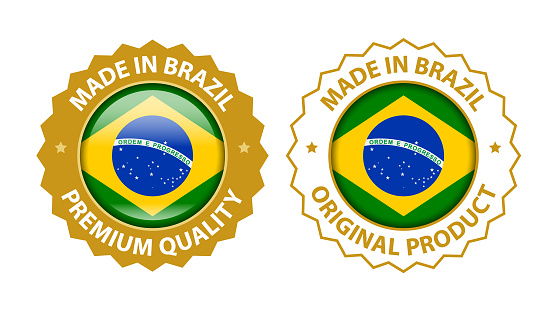 Made in Brazil. Vector Premium Quality and Original Product Stamp. Glossy Icon with National Flag. Seal Template