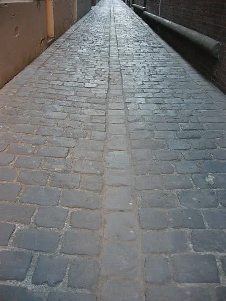 "An old, long, dark, quiet, blue stone alley in the city of Melbourne."