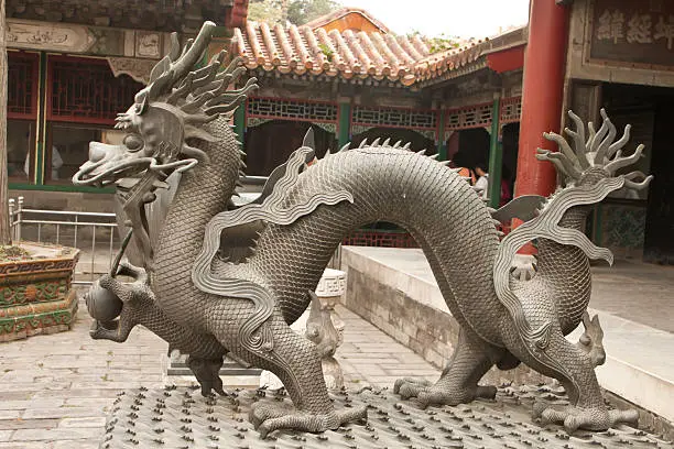 Bronze Chinese Dragon (Naga) in the Forbidden City, Beijing, China. The mythical Naga provides protection to  Buddha.