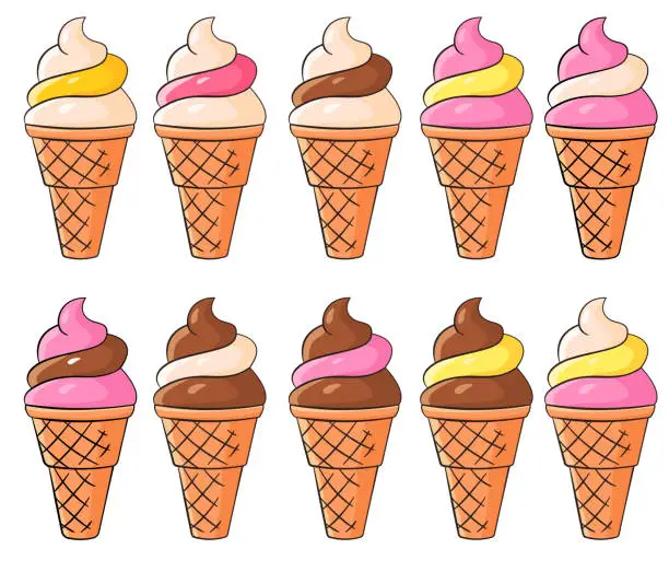 Vector illustration of A set of ice cream in a waffle in various flavors