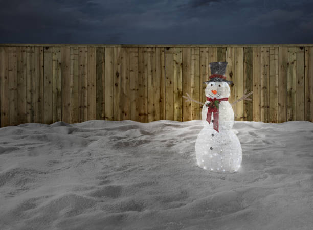 Christmas light decoration stands in a backyard covered with snow