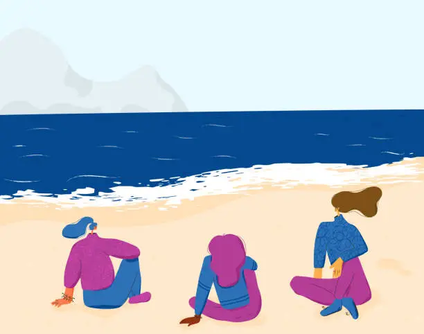 Vector illustration of Three young women sitting on the beach. Adult characters sitting on the sand and resting. Female persons wearing in casual clothes talking each other. Vector illustration.