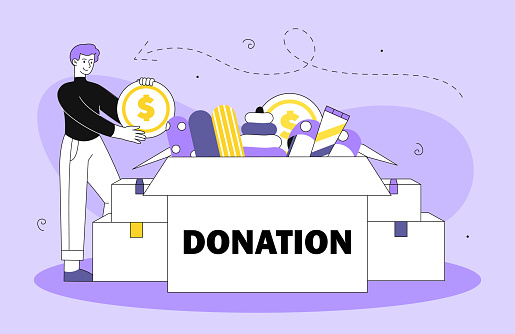 Man with donations line concept. Young guy with boxes with food and money. Volunteer and activist of charitable foundation. Kindness and generosity. Linear flat vector illustration