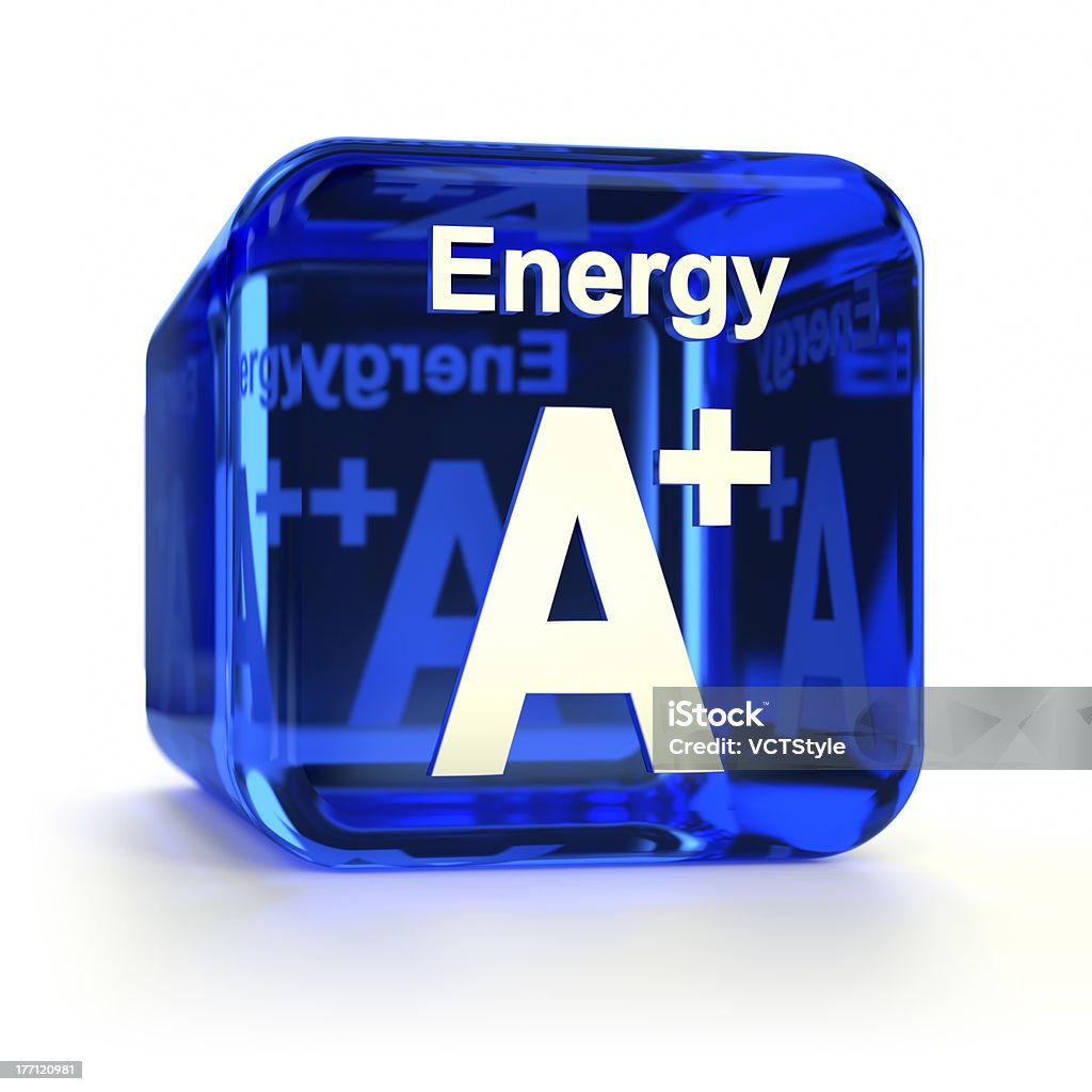 Azul transparente eficiência energética uma classificação em formato cúbico - Foto de stock de Eficiência royalty-free