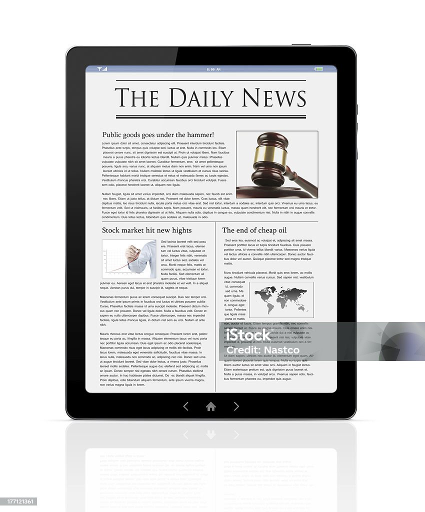 Business news at digital tablet isolated on white "Illustration of a digital tablet with daily news on it. Isolated on white background.Images used to create newspaper: 19134034, 18723236, 17718743." Article Stock Photo