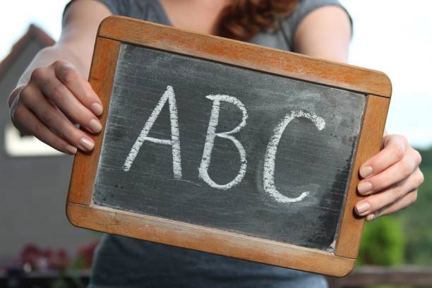 istock ABC written with chalk on slate shown by young female 1771216735