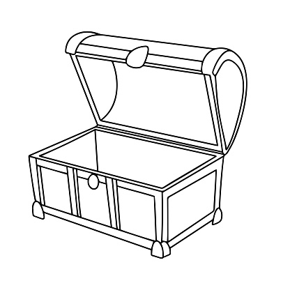 Open empty chest in doodle style. Outline empty treasure chest. Hand drawn vector art.