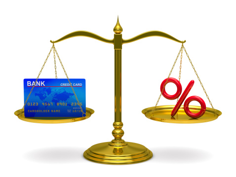 credit card and percent on scales. Isolated 3D image
