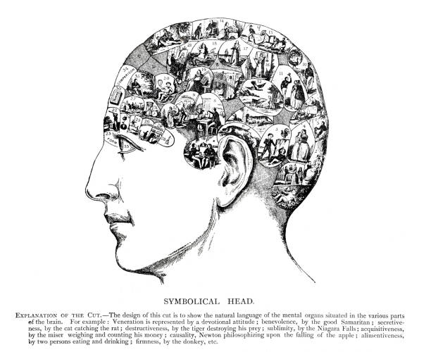 Phrenology head diagramHead containing over thirty images symbolizing the phrenological faculties by Drs. Gall & Spurzheim.
