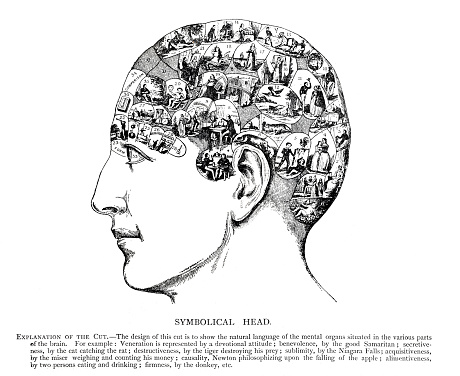 Phrenology head diagram
Head containing over thirty images symbolizing the phrenological faculties by Drs. Gall & Spurzheim.