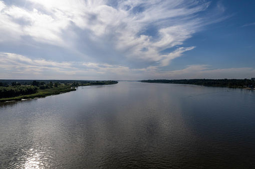 Vistula river in Plock, Poland - drone view, day, sunny weather