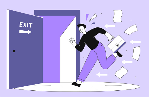 Running to exit line concept. Worker with papers go to doorway. Flame and fire in office. Young guy try to leave room. Linear flat vector illustration isolated on violet background