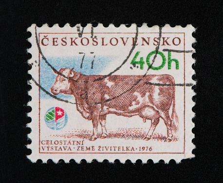 Czechoslovakia Postage Stamp on black background. Studio Shot