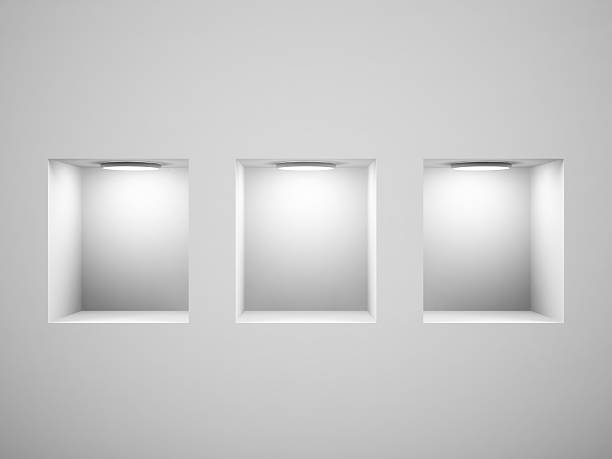 istock Empty shelves for exhibit in the wall. 3d image. 177123894