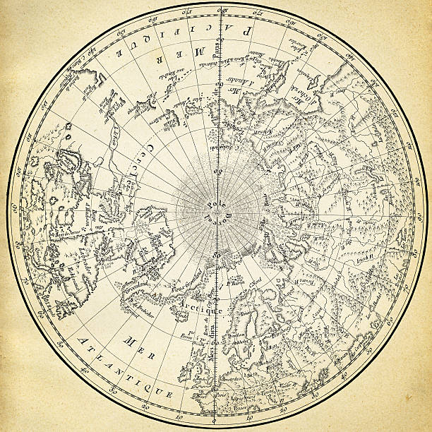 Ancient map of the world on old paper Ancient map of the northern hemisphere. Illustration was published in 1746 atlas. north pole map stock illustrations