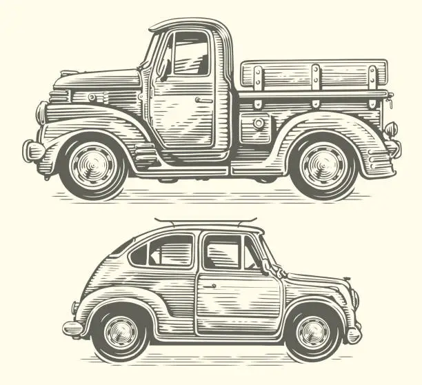 Vector illustration of Hand drawn retro truck and car in sketch style. Vintage transport vector illustration