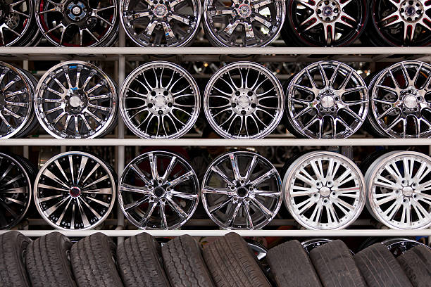 alloy car wheels wall stock photo