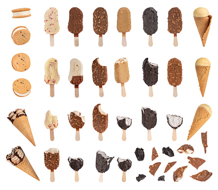 A huge set of ice cream of different shapes, different types and tastes on a white isolated background. Chocolate ice creams with icing of different colors. High quality photo