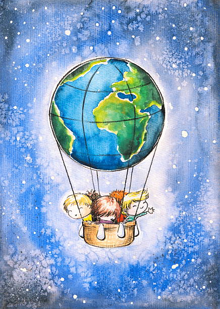 Earth-balloon Children in Earth-balloon flying in space.Picture I have created with watercolors. watercolor hot air balloon stock illustrations