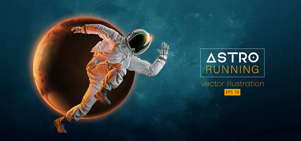 Abstract silhouette of a running athlete astronaut in space action and Earth, Mars, planets on the background of the space. Runner man are running sprint or marathon. Vector illustration