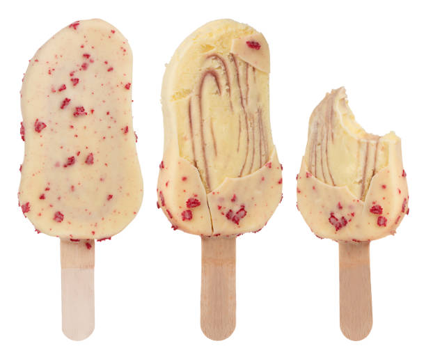 istock Two ice creams on a stick with and without chocolate icing on a white isolated background. Ice cream mockup with and without glaze 1771248454