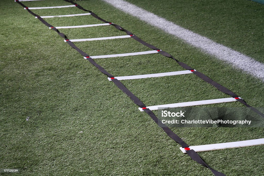 Agility Training Ladder Agility ladder sitting on indoor football grass field. Agility Stock Photo