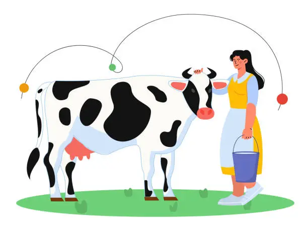 Vector illustration of Woman farmer with cow vector concept