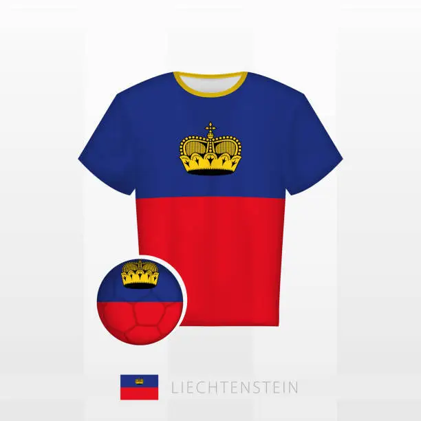 Vector illustration of Football uniform of national team of Liechtenstein with football ball with flag of Liechtenstein. Soccer jersey and soccerball with flag.