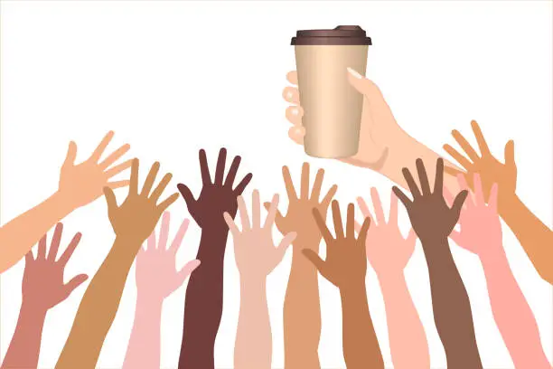 Vector illustration of Colored human hands reaching for a cup of coffee.