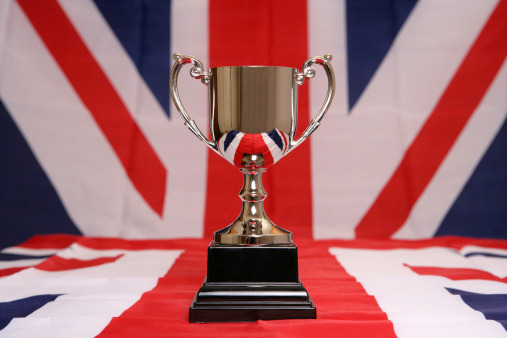 Trophy cup on union jack flag