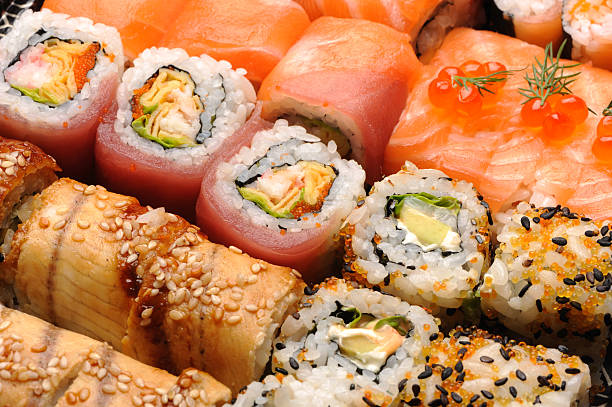 Sushi and rolls stock photo