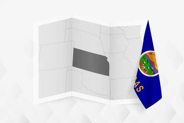 Vector illustration of A grayscale map of Kansas with a hanging Kansas flag on one side. Vector map for many types of news.