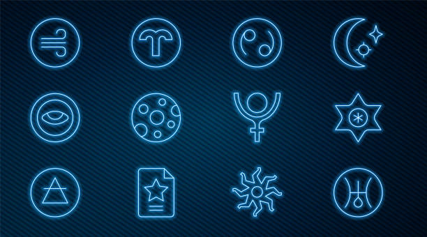 istock Set line Symbol Uranus, Falling star, Cancer zodiac, Full moon, Medallion with eye, Windy weather, Pluto and Aries icon. Vector 1771304533