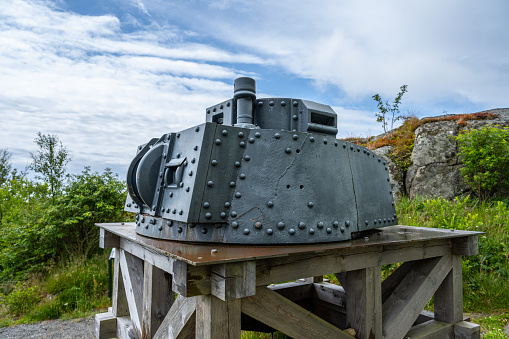 Farsund, Norway - July 02 2023: Gun turret of a Panzer 38 tank on display.