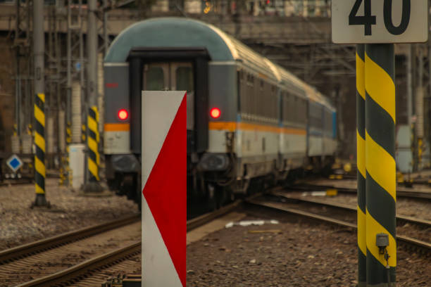 Fast train departing main big station in autumn evening in Prague CZ 10 30 2023